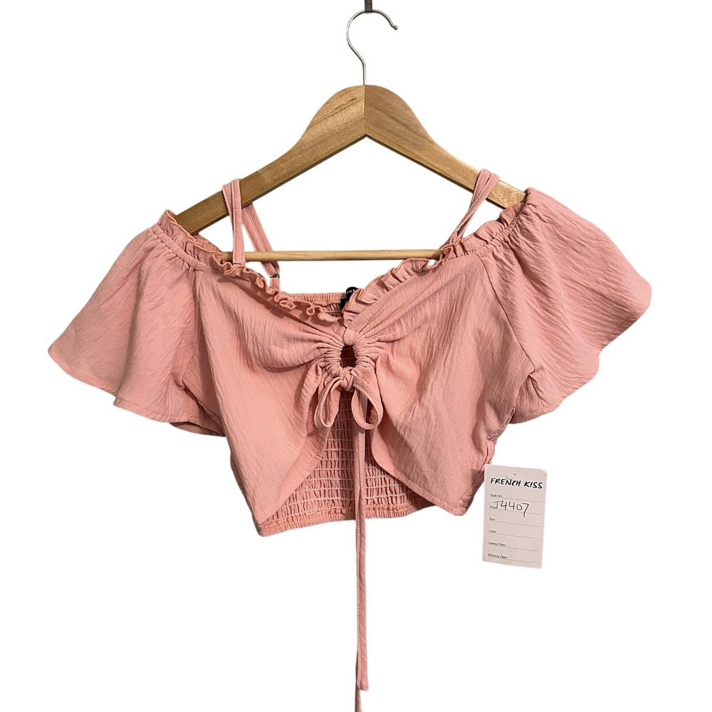French Kiss Crop Top Women Small Pink Off Shoulder Smocked Ruffle Tie Front Boho